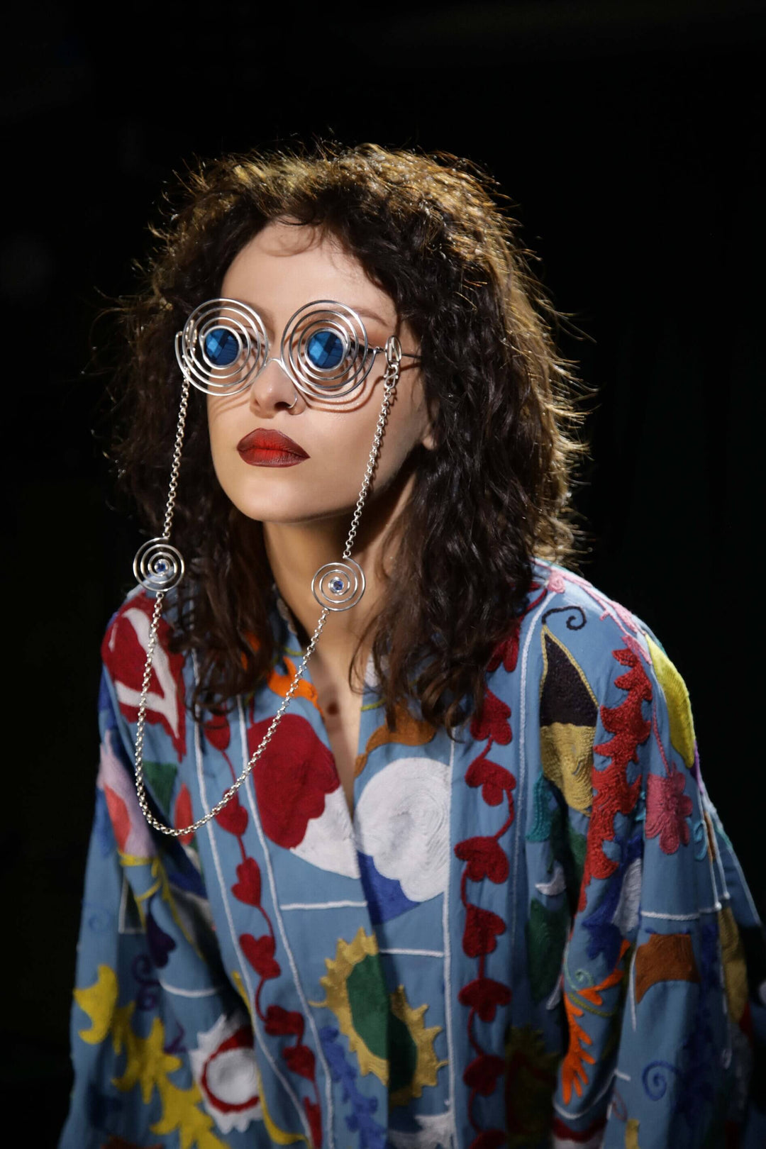 Avant-garde sunglasses Psychedelic Spirals, handmade in Sterling Silver 925 with removable chains featuring blue quartz spirals. Ideal for raves, parties, and fashion events, combining luxury and artistic design.