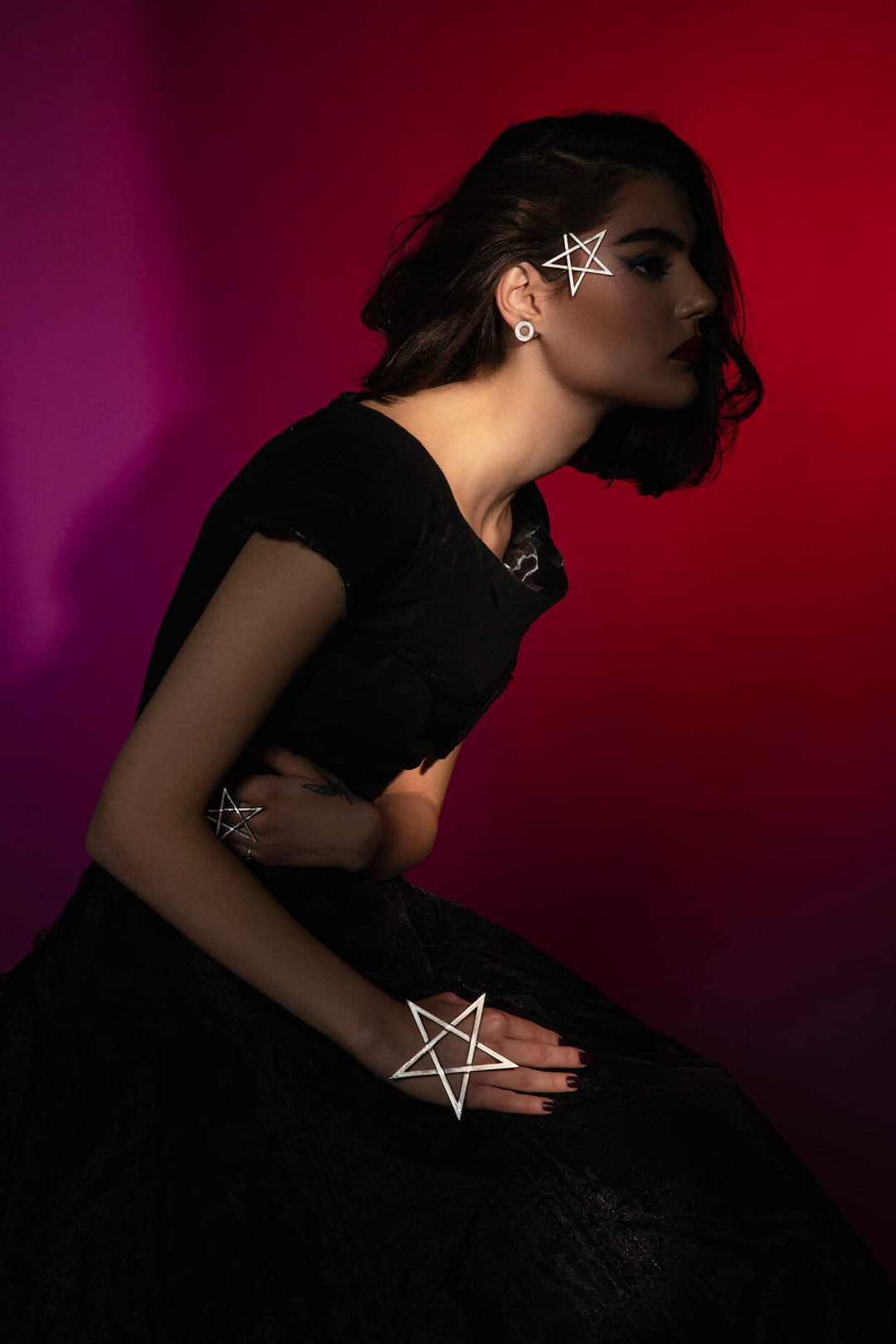 Mystic Pentagram Ear Cuff and Palm Bracelet, Statement Jewelry, handmade of solid Sterling Silver 925, designed to empower dark feminine energy.