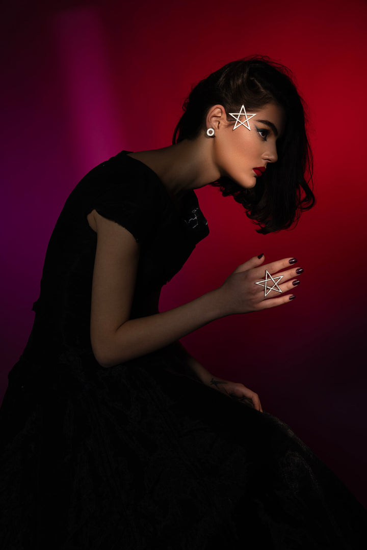 Mystic Pentagram Ear Cuff and Ring, Statement Jewelry, handmade of solid Sterling Silver 925, designed to empower dark feminine energy.