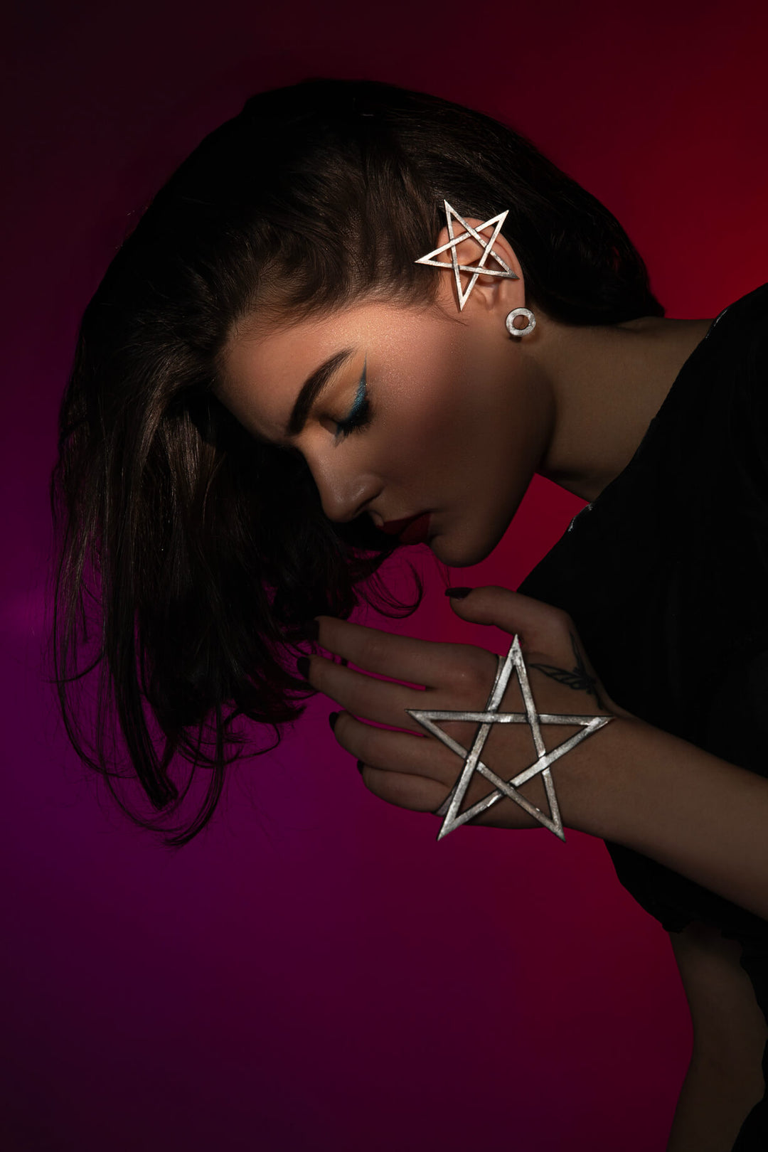 Mystic Pentagram Earrings and Hand Bracelet, Statement Jewelry, handmade of solid Sterling Silver 925, designed to empower dark feminine energy.