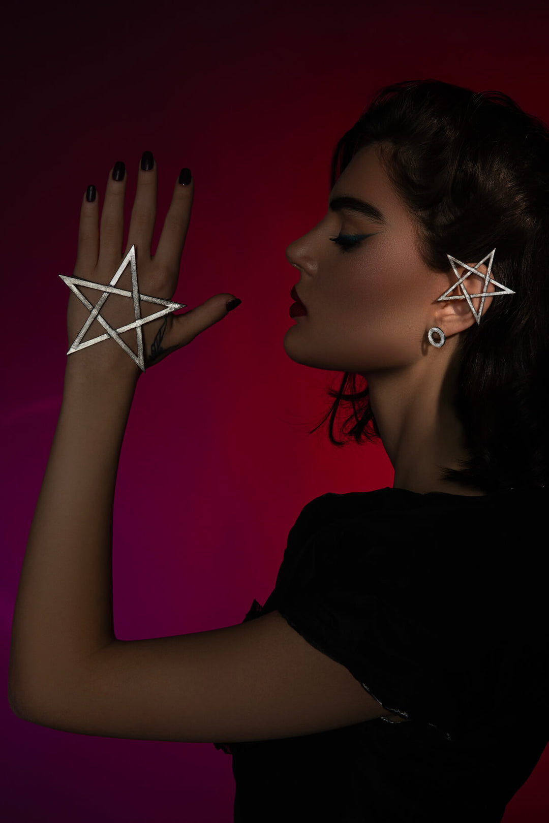 Mystic Pentagram Earrings and Palm Bracelet, Statement Jewelry, handmade of solid Sterling Silver 925, designed to empower dark feminine energy.