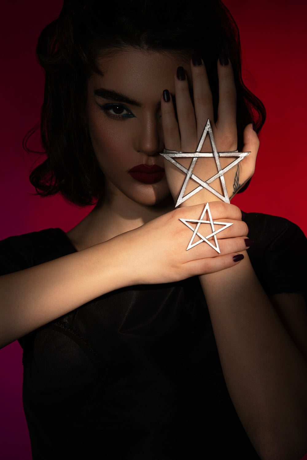 Mystic Pentagram Palm Bracelet and Ring, Statement Jewelry, handmade of solid Sterling Silver 925, designed to empower dark feminine energy.