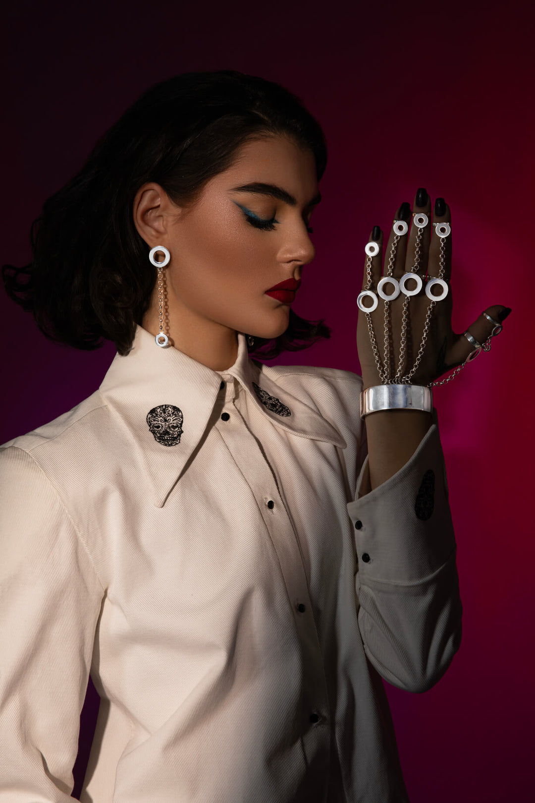 The unique Avant-garde statement bracelet handmade in solid Sterling Silver 925. Mystic Skeleton Hand Bracelet is designed to elevate an enigmatic style.