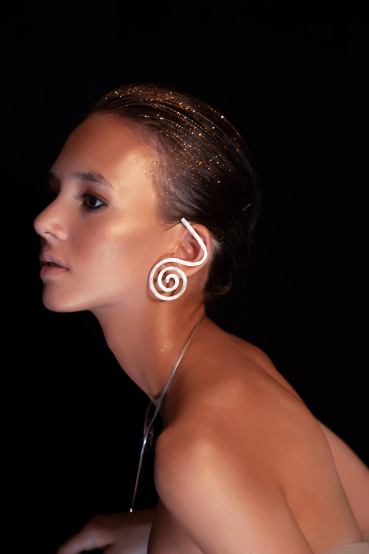 Unique Avant-garde statement Leo Ear Cuffs, ethically handmade of Sterling Silver 925, 18K Gold, 18K White Gold. Contemporary fashion jewelry by Mystic J. #metal_sterling-silver-925