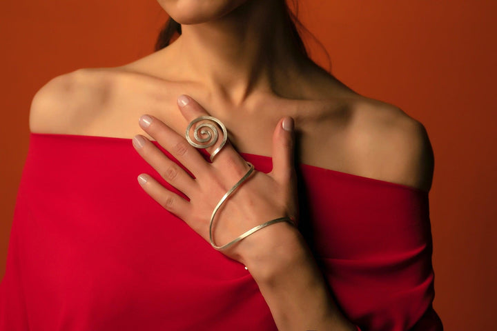 Unique Avant-garde statement Leo Ring Bracelet. Ethically handmade of Sterling Silver 925, with Diamond of 0,03Ct. contemporary fashion jewelry.