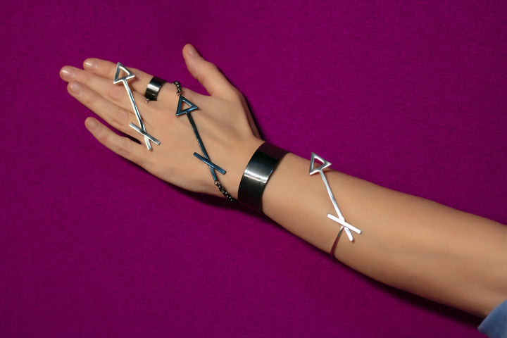 Sagittarius Ring Bracelet - Fully handmade of Sterling Silver 925, plated in black Rhodium. Contemporary unique design by Mystic J, for your extraordinary look.