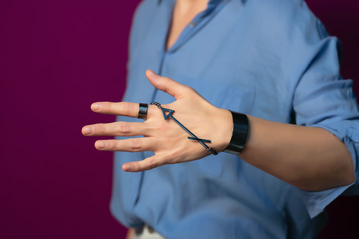 Sagittarius Ring Bracelet - Fully handmade of Sterling Silver 925, plated in black Rhodium. Contemporary unique design by Mystic J, for your extraordinary look.
