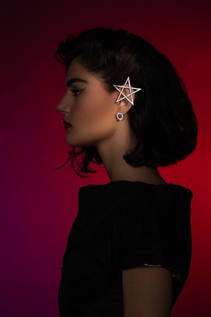 The Mystic Pentagram Earrings, a unique avant-garde statement accessory, is designed to empower dark feminine energy. Ethically handmade of Sterling Silver 925.