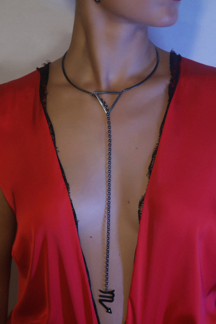 Scorpio Choker - Ethically handmade of Sterling Silver 925, plated in black Rhodium, with Diamond 0,03CT in symmetric Avant-garde. Contemporary unique design by Mystic J, for your sexual look. #material_black-sterling-silver-925