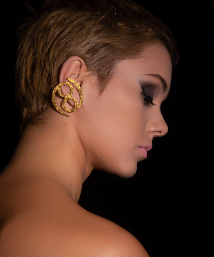 Unique Avant-garde statement Cancer Earrings ethically handmade of 18K Gold. #material_18k-gold