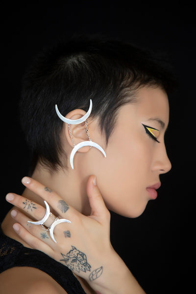 Unique Avant-garde statement Gemini Ear Cuffs & Ring - Ethically handmade of Sterling Silver 925. Contemporary unique design of limited edition by Mystic J for your luxury look.