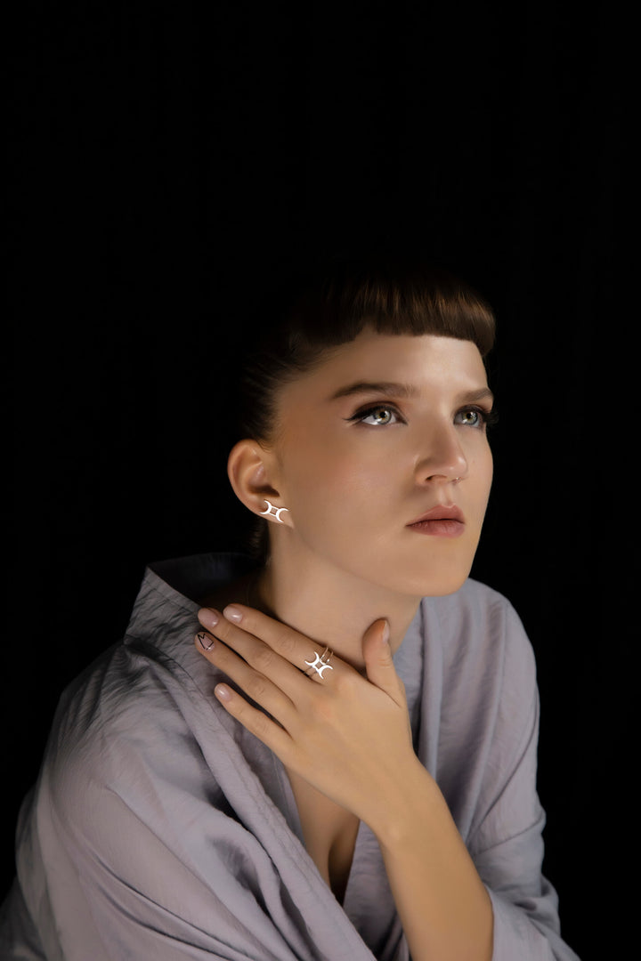 Unisex Nano Gemini Ring & Earrings, Ethically Handmade of Sterling Silver 925.