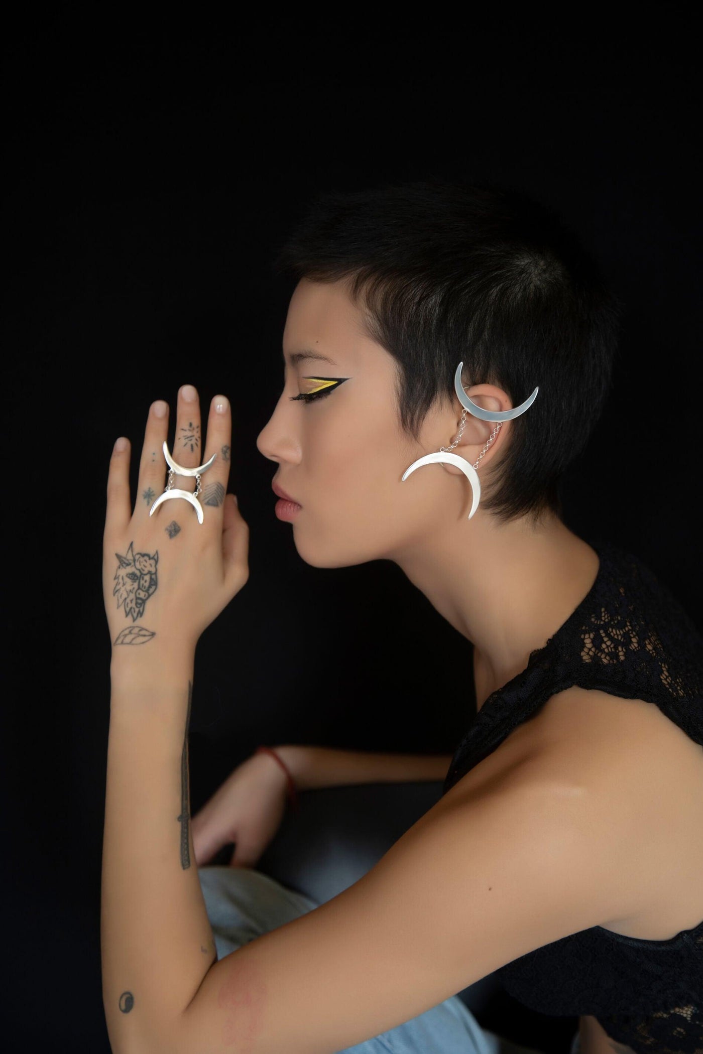 Gemini Avant-garde Ring & Ear Cuffs - Ethically handmade of Sterling Silver 925. Contemporary unique design of limited edition by Mystic J for your luxury look.