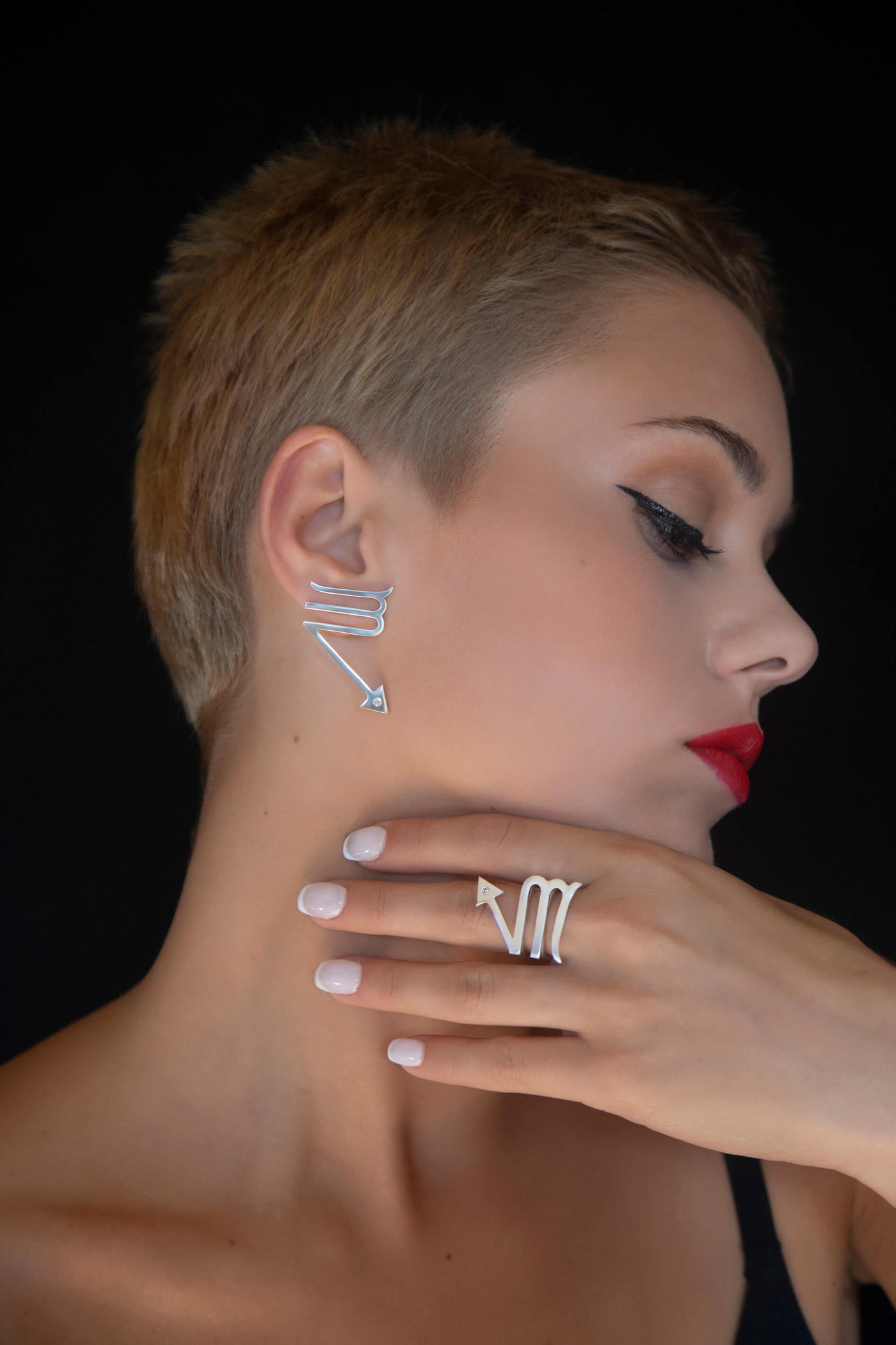 The unique Avant-garde Scorpio earrings & ring, ethically handmade of Sterling Silver 925, with 0,03 Ct. Diamonds by Mystic J. #metal_sterling-silver-925