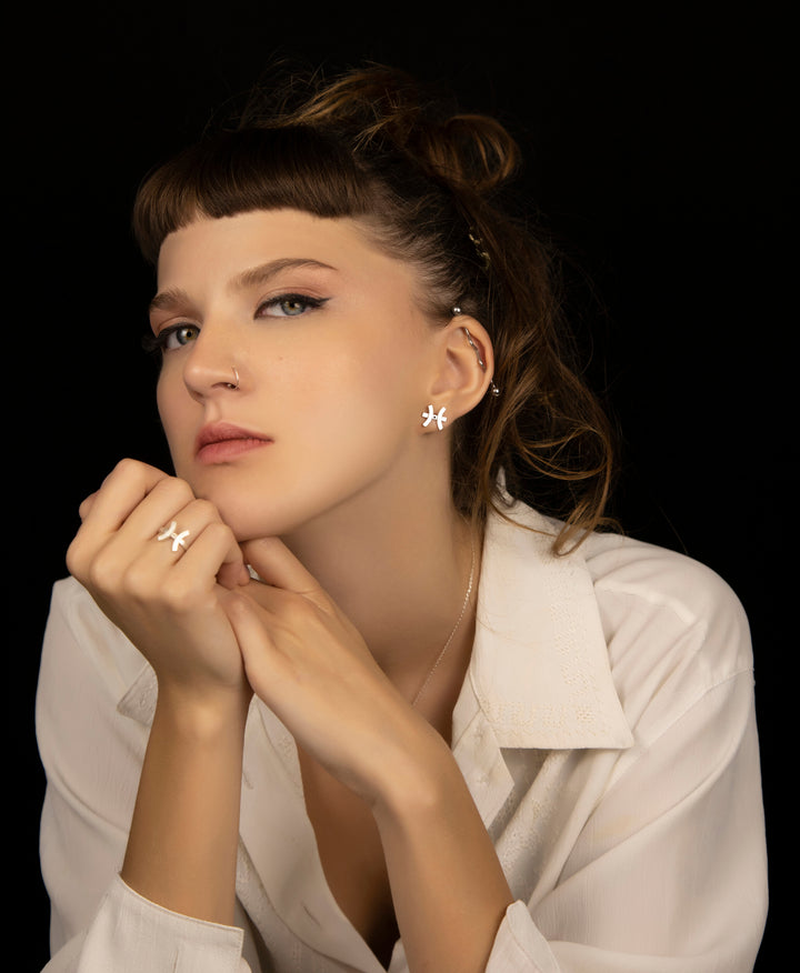 Unisex Pisces Ring and Earrings in Sterling Silver 925 with a Diamonds