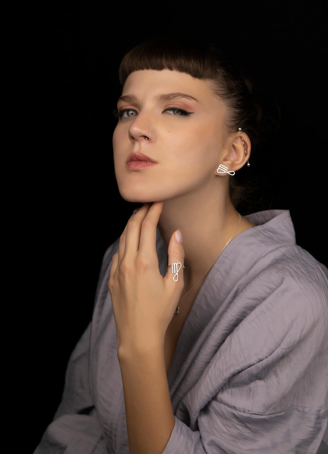 Unisex Virgo Ring & Earrings  in Sterling Silver 925.